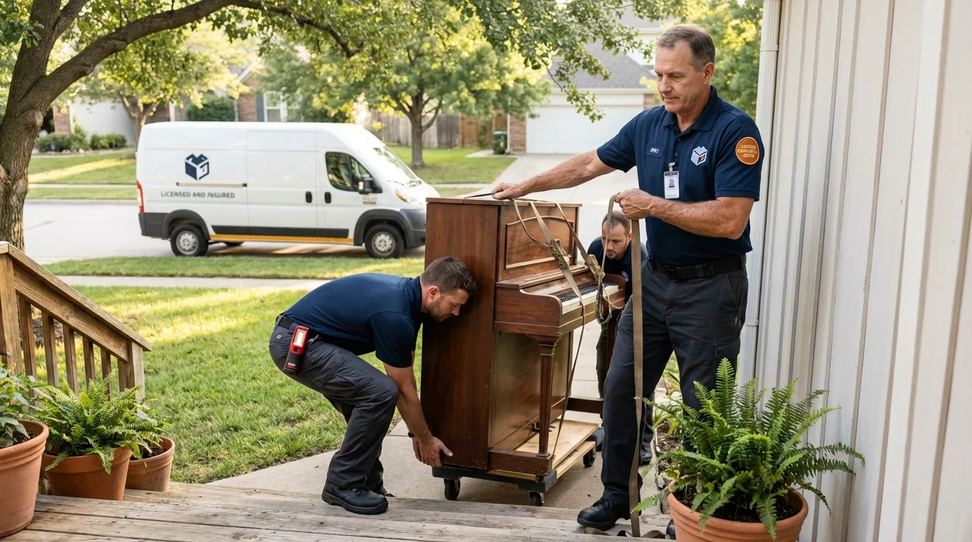Licensed piano movers securing grand piano in Artesia, CA