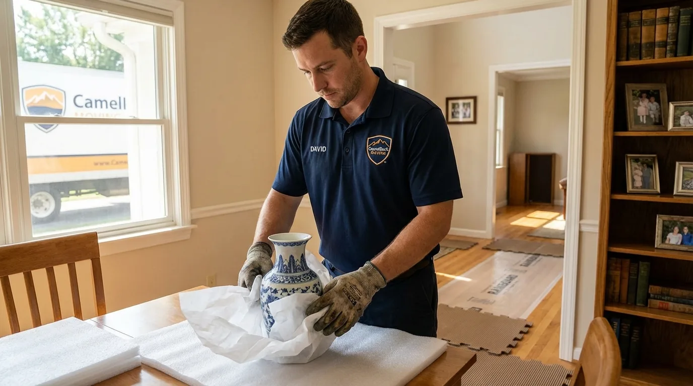 Professional crew carefully wrapping antique vase for senior downsizing move in Artesia, CA